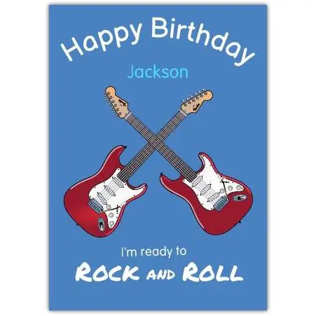 Personalised Boys Rock and Roll Guitar Birthday Card Blue Design