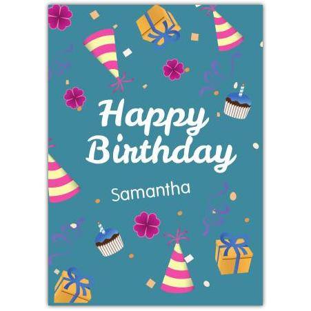 Personalised Happy Birthday Card with Party Hats Muffins and Presents Design for Girls