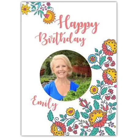 Personalised Happy Birthday Card with Yellow Floral Round Photo Frame Design
