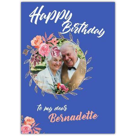 Personalised Happy Birthday Photo Frame Card with Floral Design in Blue for Her