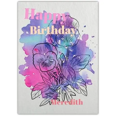 Purple and Pink Watercolour Floral Happy Birthday Card for Her Personalised Cover