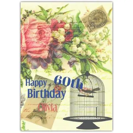 Happy 60th Birthday Card with Retro Bird Cage and Floral Design Personalised Option