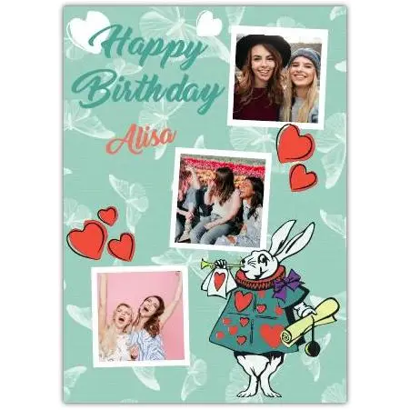 Personalised Happy Birthday Card with White Rabbit and Red Hearts Photo Collage Design