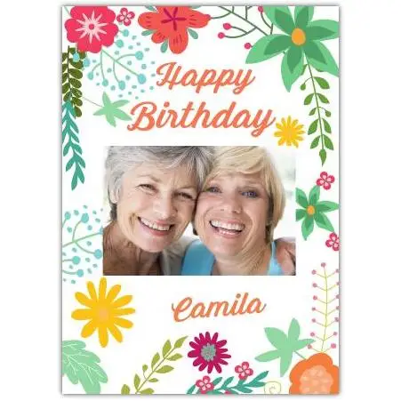 Personalised Happy Birthday Card with Colourful Flowers and Photo Upload Option