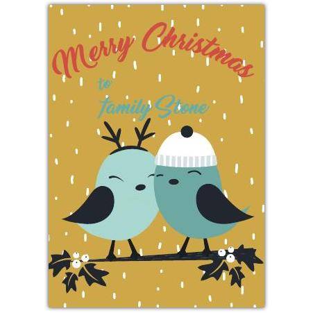 Merry Christmas Card Two Cute Blue Birds on Branch with Snow and Personalised Text