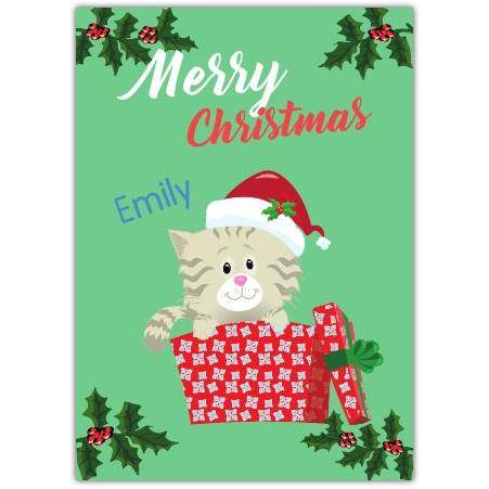 Personalised Merry Christmas Card with Kitten in Festive Box and Holly Design
