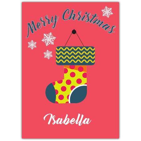 Personalised Merry Christmas Card with Colourful Hanging Stocking and Snowflakes