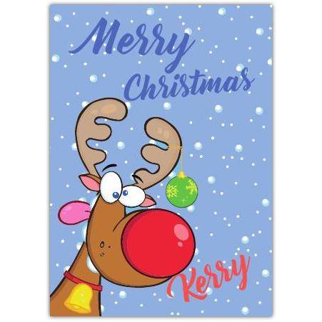 Personalised Merry Christmas Card with Cute Rudolf Reindeer in Snow Scene