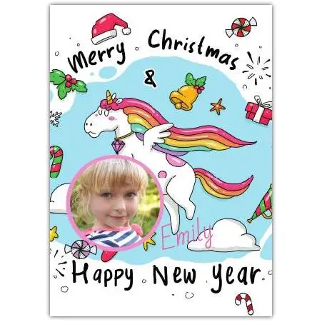 Personalised Christmas and New Year Unicorn Photo Upload Greeting Card
