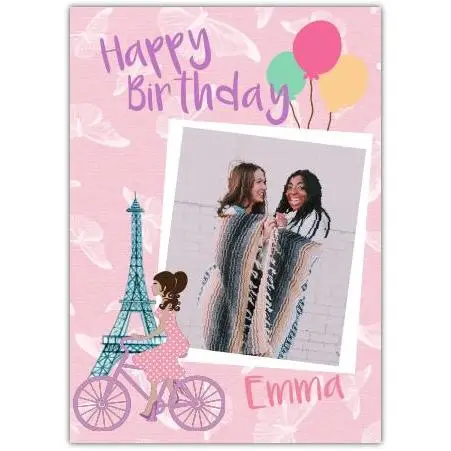 Personalised Happy Birthday Card with Paris Girl on Bike and Photo Upload Option