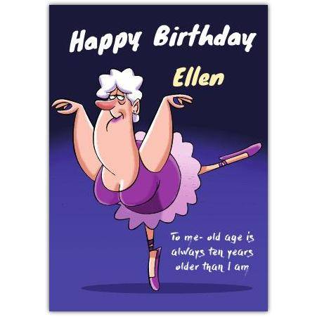 Personalised Humorous Lady Ballerina Birthday Card with Name on Dark Purple Background