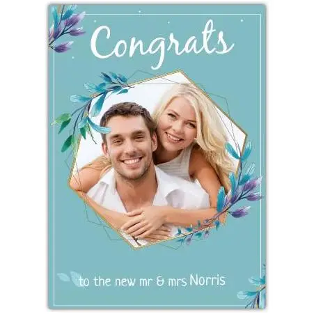 Personalised Congrats New Mr and Mrs Wedding Photo Card with Floral Hexagon Frame