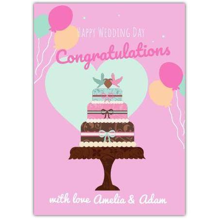 Happy Wedding Day Congratulations Card with Wedding Cake and Balloons Design