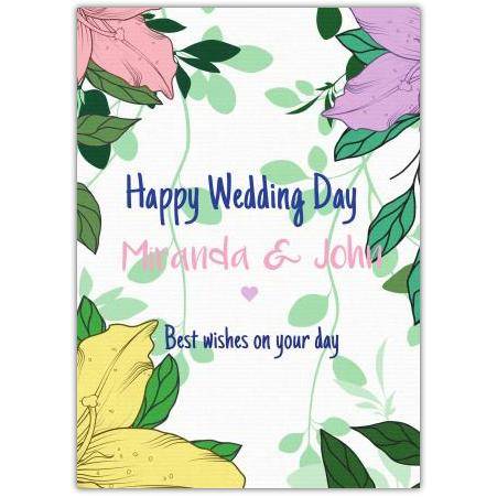 Personalised Happy Wedding Day Card with Floral Design and Best Wishes on Your Day