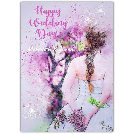 Personalised Happy Wedding Day Bride Card with Purple Floral Watercolour Design