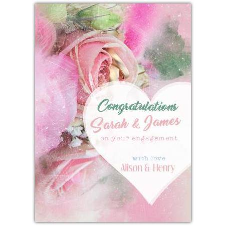 Personalised Pink Roses Engagement Congratulations Card with White Heart and Names