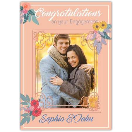 Personalised Peach Engagement Congratulations Card with Photo Frame and Floral Design