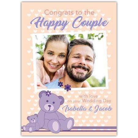Personalised Wedding Congratulations Photo Card with Purple Bear Design
