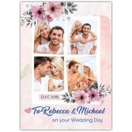 Personalised Wedding Day Photo Collage Card with Pink Floral Accents and Date
