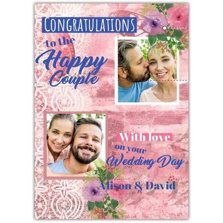 Personalised Congratulations Wedding Card for Happy Couple with Two Photo Uploads and Floral Design