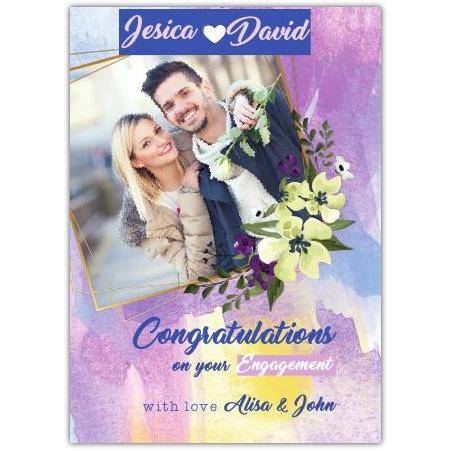 Personalised Engagement Congratulations Card with Photo and Purple Watercolour Floral Design