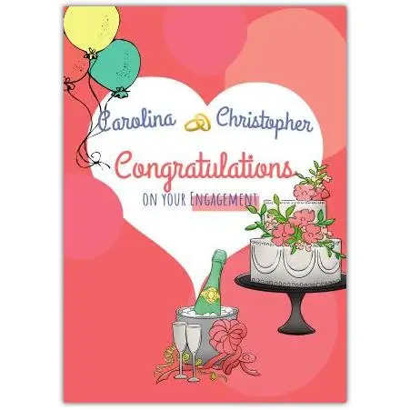 Personalised Engagement Card with Wedding Cake Champagne Balloons and Names