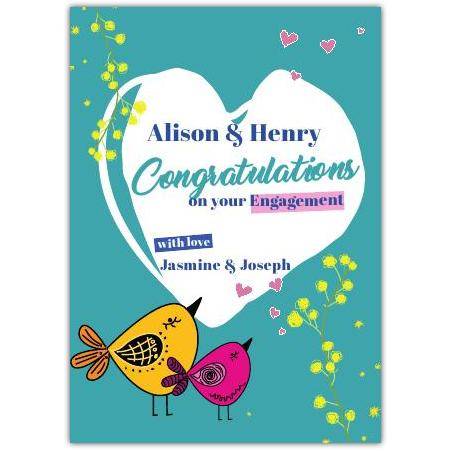 Personalised Engagement Congratulations Card with Two Birds and Custom Names Design
