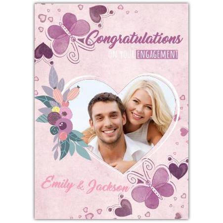 Personalised Congratulations Engagement Card with Purple Butterfly and Heart Photo Design