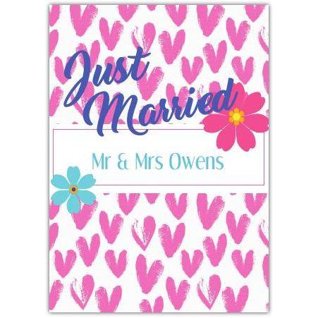 Personalised Just Married Wedding Card with Pink Hearts and Flowers for Two Names