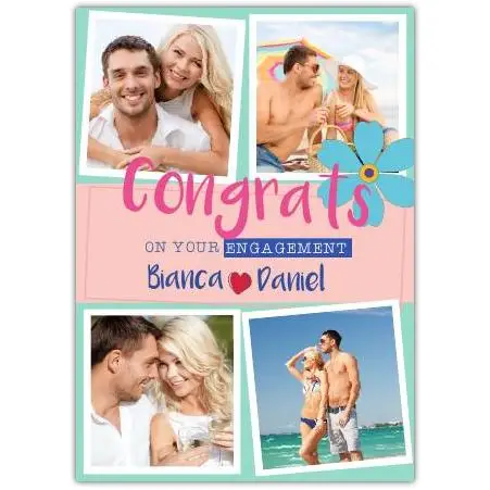 Personalised Engagement Congratulations Card with Two Names and Four Photo Collage Design