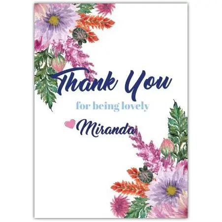 Personalised Thank You Card Floral Design for Being Lovely with Custom Name Option