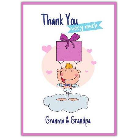 Thank You Very Much Baby Holding Pink Gift Parcel Card for Granma and Grandpa