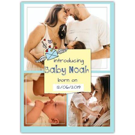 Personalised New Baby Announcement Card with Three Photos and Blue Frame