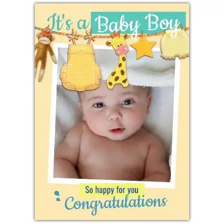 Personalised New Baby Boy Congratulations Card with Clothesline Design and Photo Upload