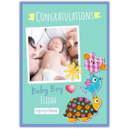 Personalised Congratulations Baby Boy Card with Turtle Bird Photo and Name Customisation