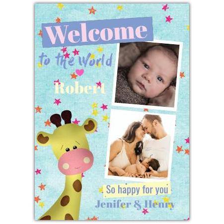 Welcome to the World New Baby Boy Giraffe Photo Upload Personalised Card with Stars