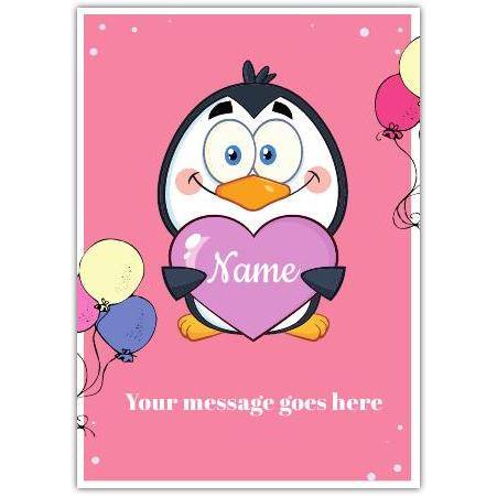 Personalised Penguin Holding Heart Greeting Card with Custom Name and Message on Pink Background
