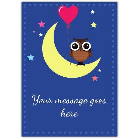 Personalised Owl on Yellow Crescent Moon with Pink Heart Balloon Greeting Card