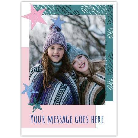 Personalised Photo and Message Card with Green Pink Background and Stars Design