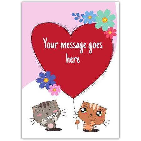 Personalised Cute Cats Holding Floral Heart Card for Any Occasion
