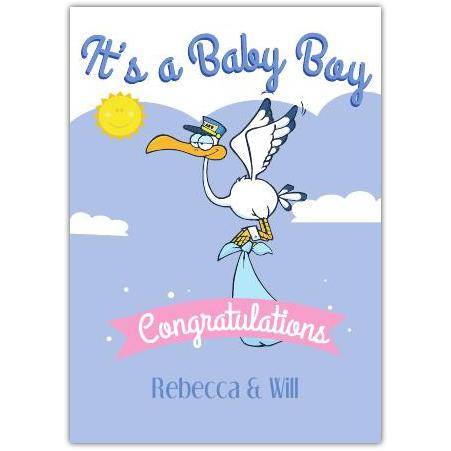 It's a Baby Boy Congratulations New Arrival Stork Card with Personalised Name Option