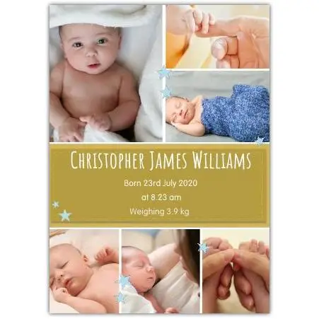 Personalised New Baby Boy Photo Collage Name Date Weight Time Announcement Card