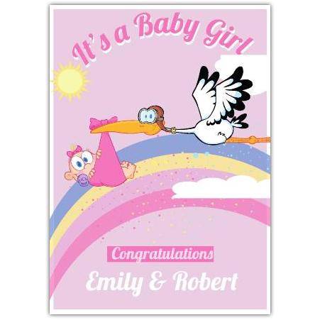 It's a Baby Girl New Arrival Stork with Pink Blanket Rainbow Congratulations Card