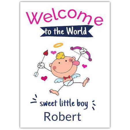 Personalised Welcome to the World New Baby Boy Card Cute Cupid Baby Design