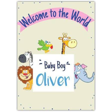 Personalised Welcome to the World Baby Boy Card with Cute Zoo Animals Illustration