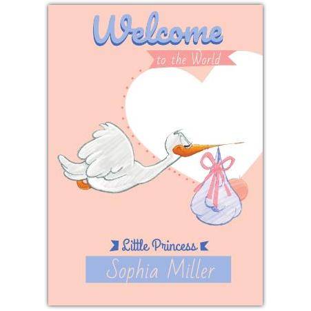 Personalised New Baby Girl Card with Stork and Pink Ribbon Welcome Little Princess Design