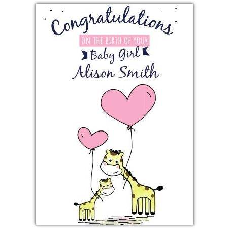 Personalised Congratulations Baby Girl Card Two Giraffes with Pink Heart Balloons New Baby
