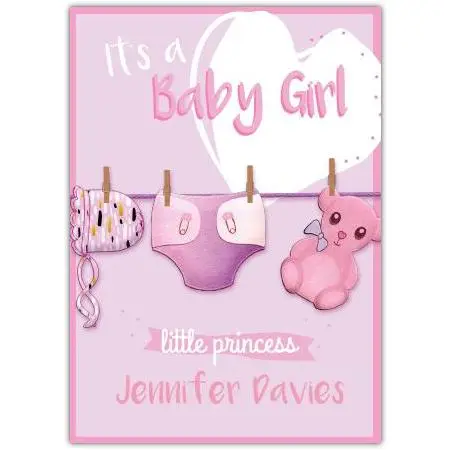 It's a Baby Girl Newborn Clothesline Pink Bear Personalised Baby Card