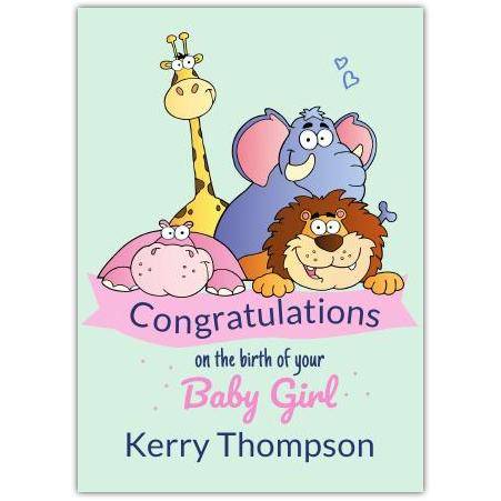 Personalised Congratulations on Birth of Baby Girl Zoo Animals Card