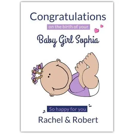Congratulations New Baby Girl Purple Ribbon Cartoon Personalised Baby Birth Card